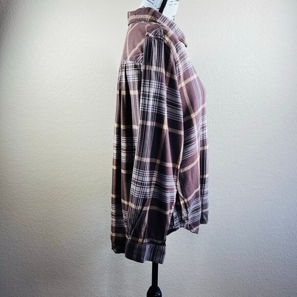 Aerie Brown Plaid Lightweight Flannel button up collar long sleeve size M boho - Picture 7 of 14